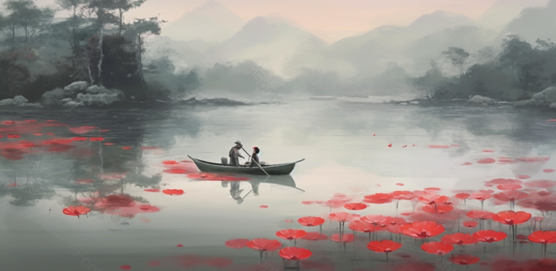 荷花荷叶红色江面手绘中国风意境水墨山水风景画,插画/手绘图,插画/手绘图库,插画/手绘图下载,插画/手绘